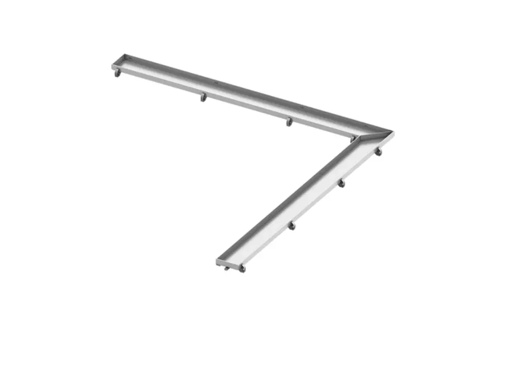 Edelstahl-Fliesenmulde mit gerader, rechteckiger Form. TECE-Logo sichtbar. Befestigungselemente an den Kanten. Ideal für den Einbau in Duschen oder Badezimmerbereichen.